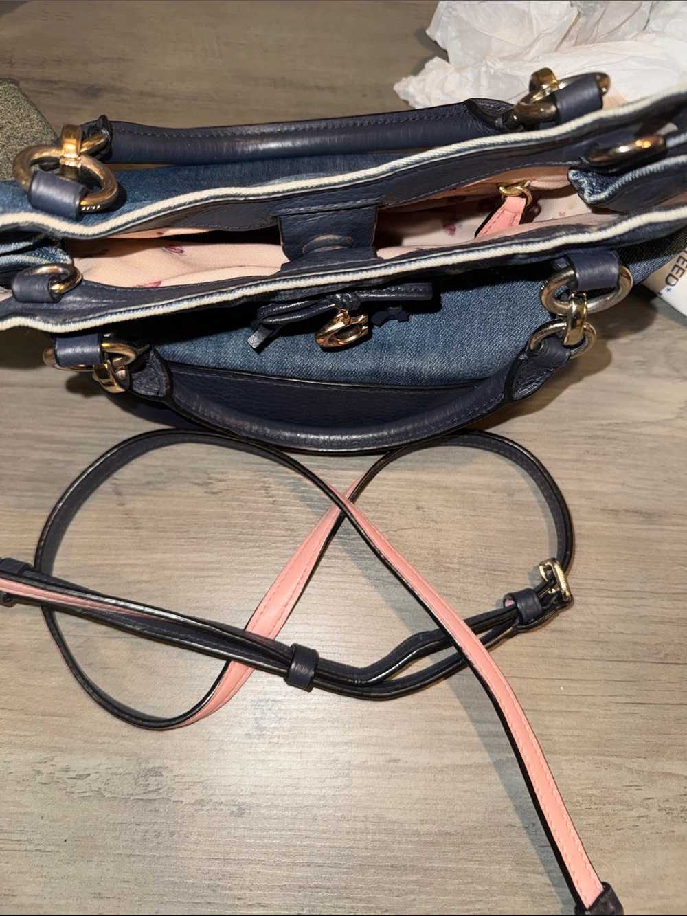 Coach Denim & Navy Satchel with Gold Charm and Crossbody Strap - Picture 3 of 5
